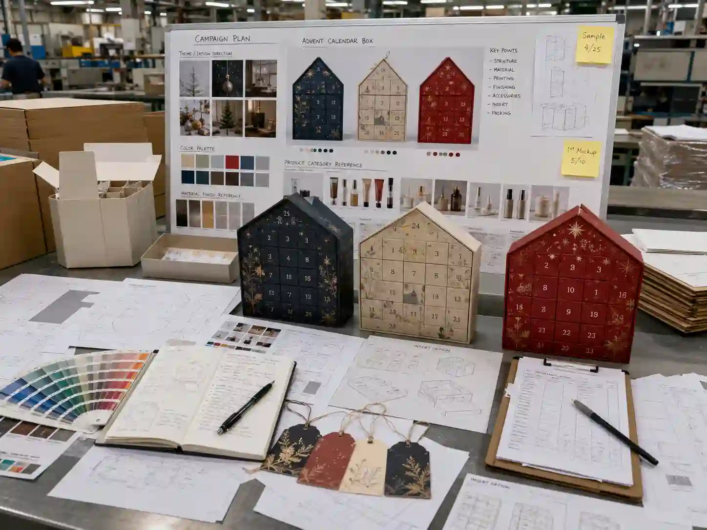 Calendar box campaign planning board with mockups, inserts, dielines, and production notes