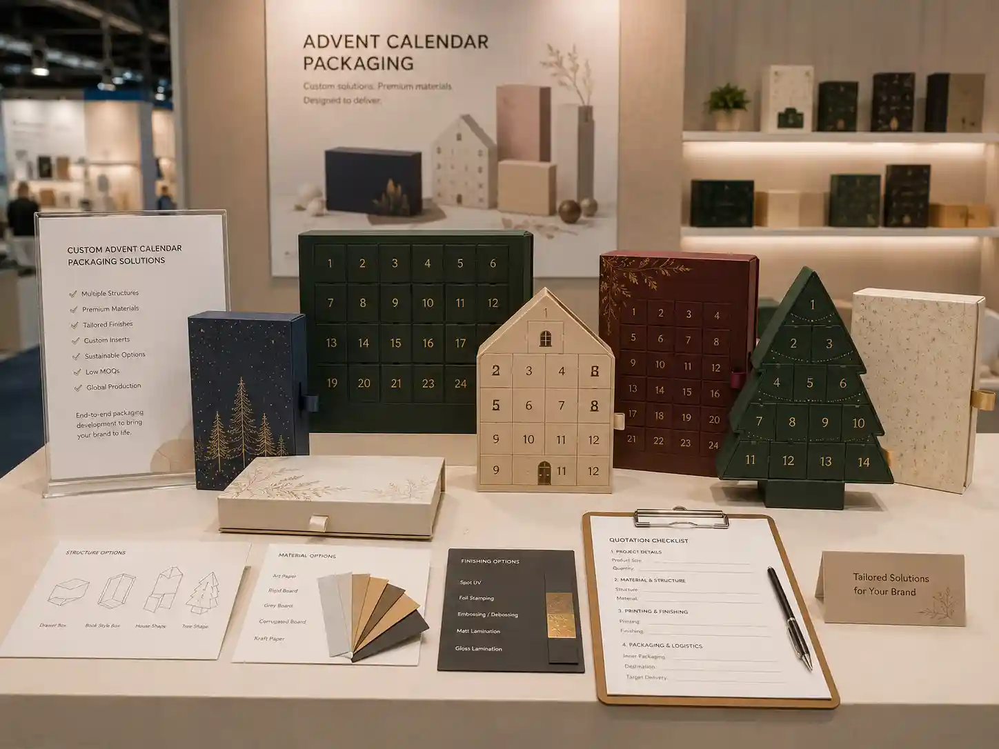 B2B trade show sample display for advent calendar box quality control and quotation review