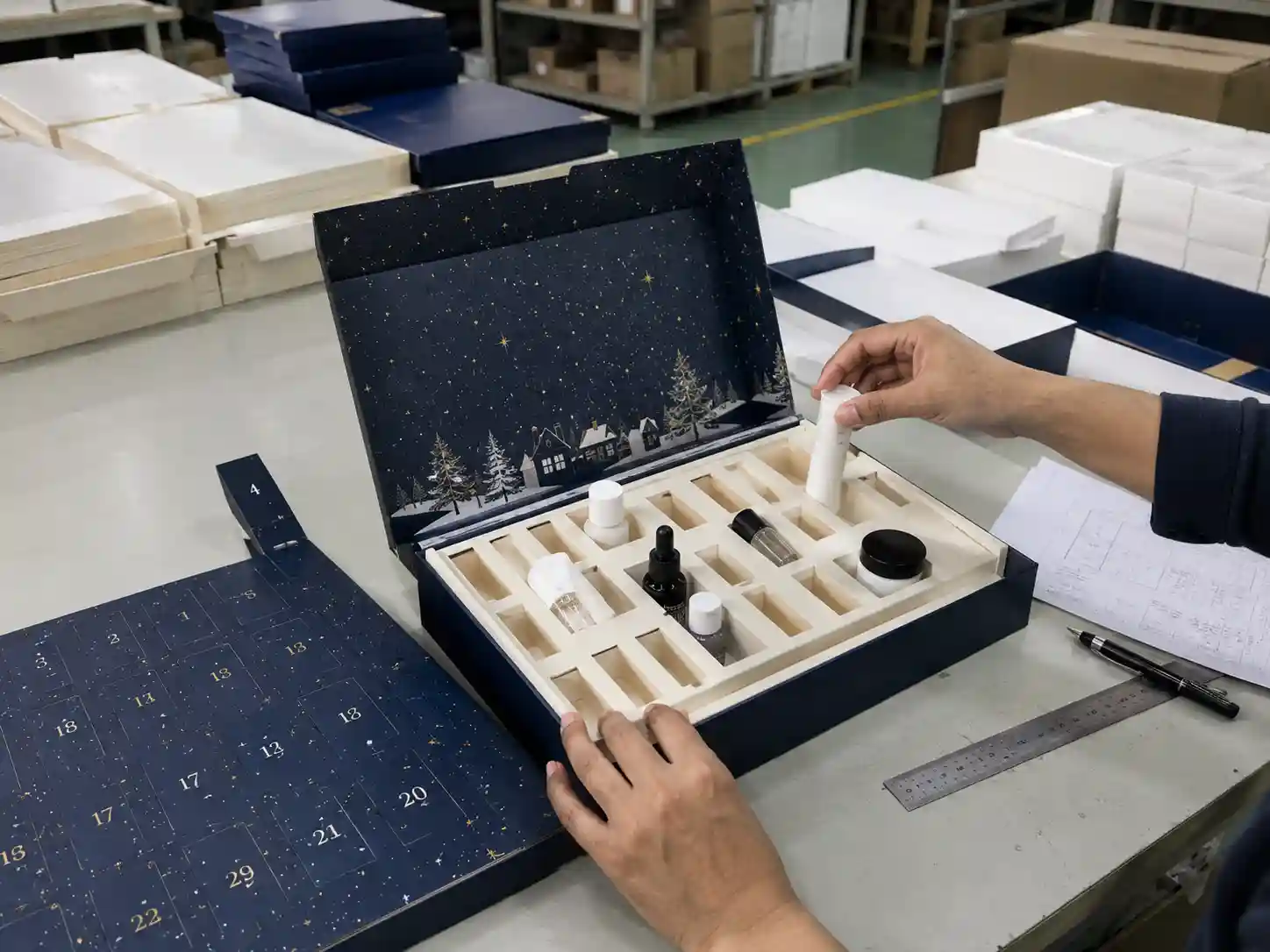 Worker checking insert fit with product dummies for a rigid advent calendar box sample
