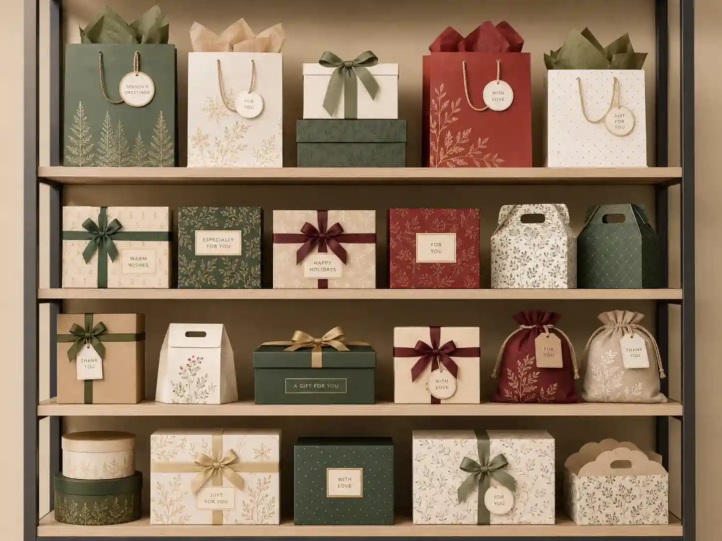 Retail shelf mockup with seasonal rigid advent calendar boxes in neutral brand-safe graphics