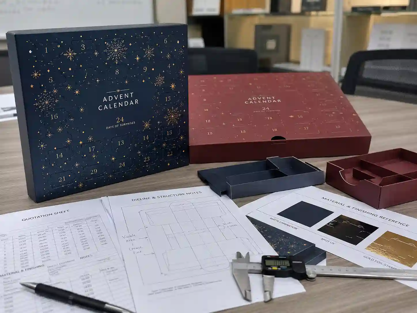 China packaging factory meeting table with quotation notes and spot UV advent calendar box samples