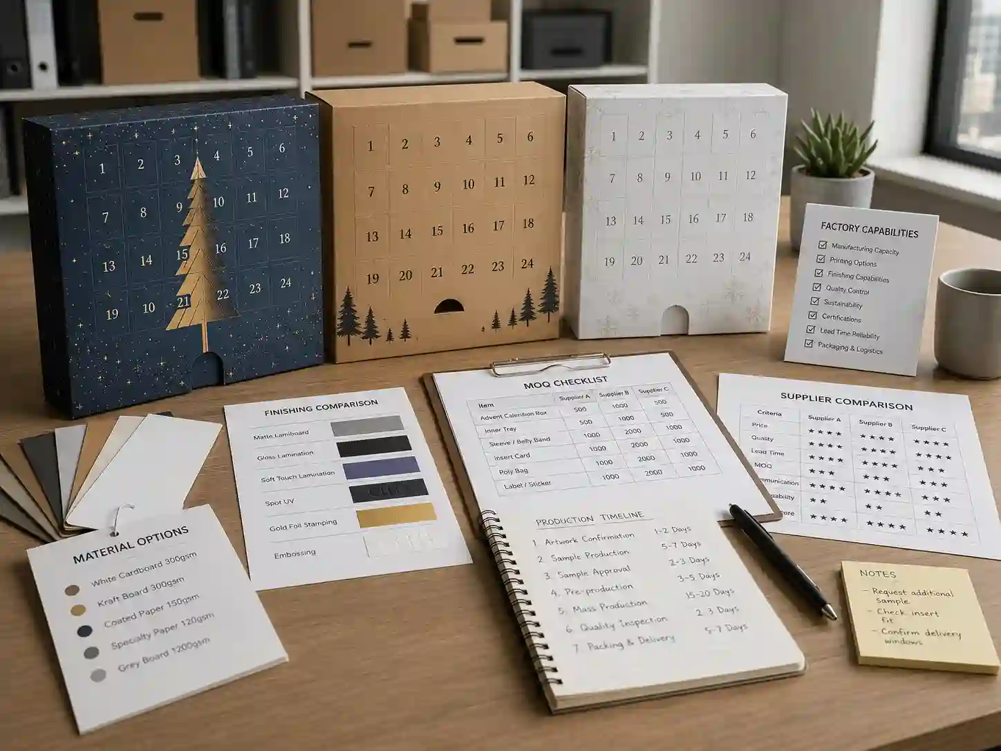 Supplier comparison desk with checklists and advent calendar packaging dummies for spot UV production planning