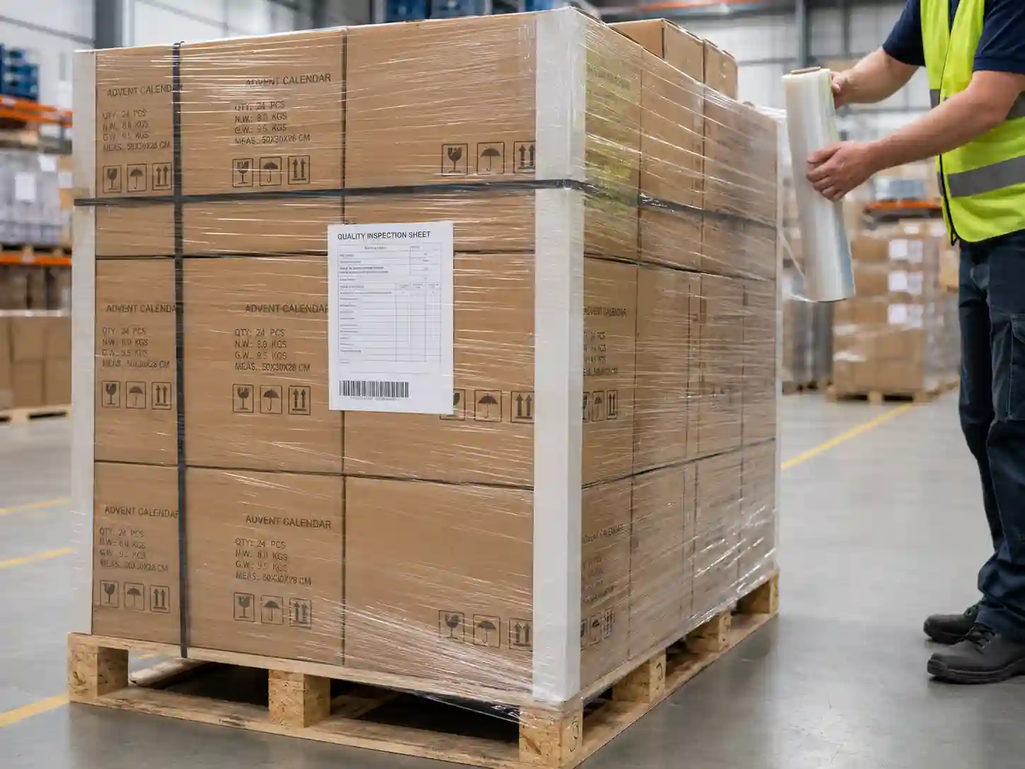 Warehouse pallet preparation for overseas shipment of spot UV advent calendar boxes
