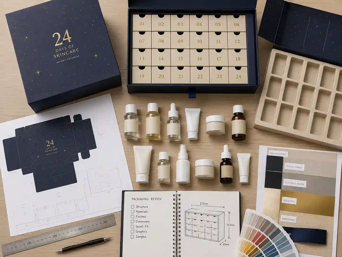 Cosmetic and skincare advent calendar packaging layout with small bottles, drawers, inserts, and dieline planning materials.