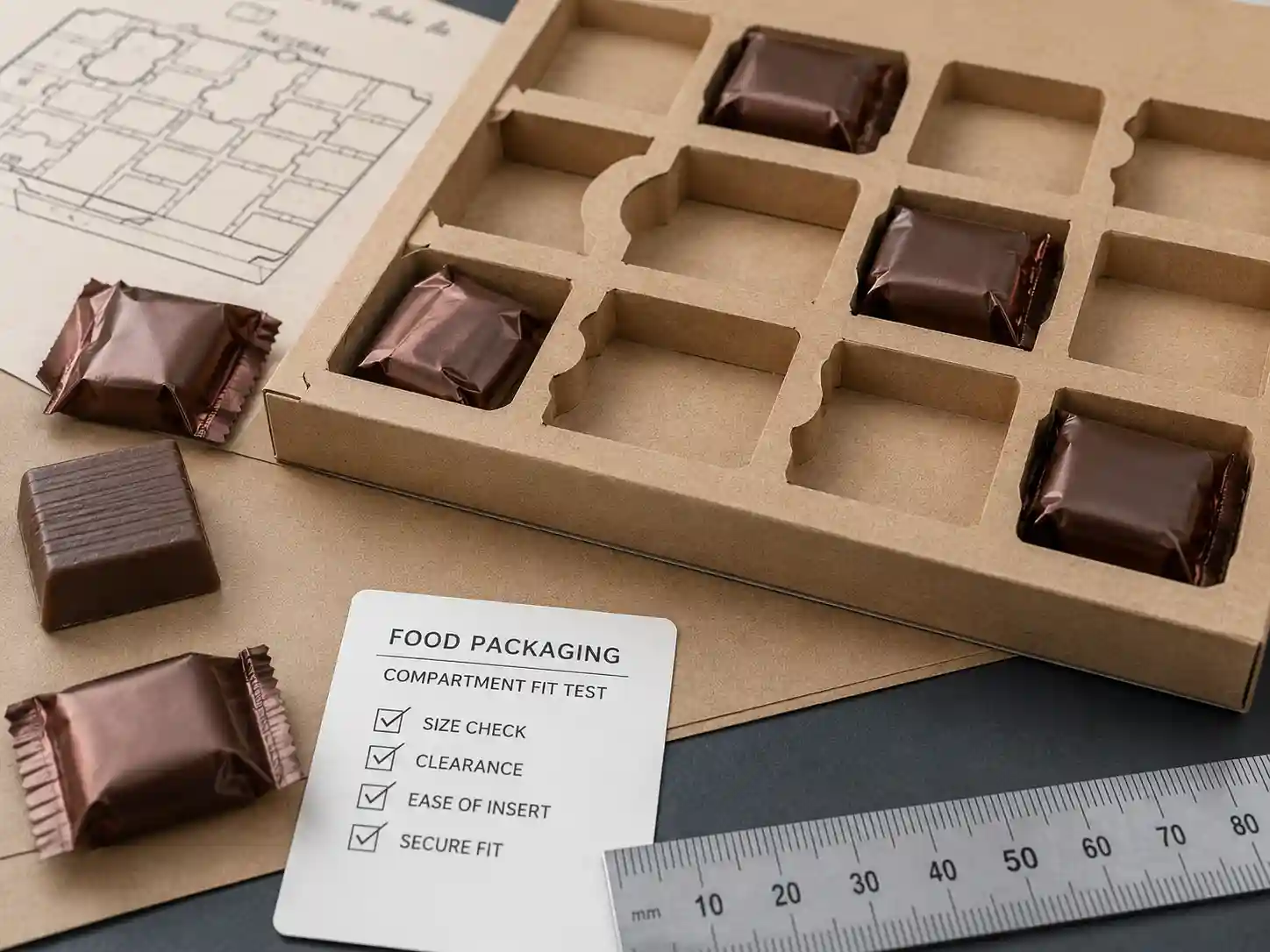 Close-up food-safe advent calendar compartment planning with wrapped chocolate samples and paperboard dividers.