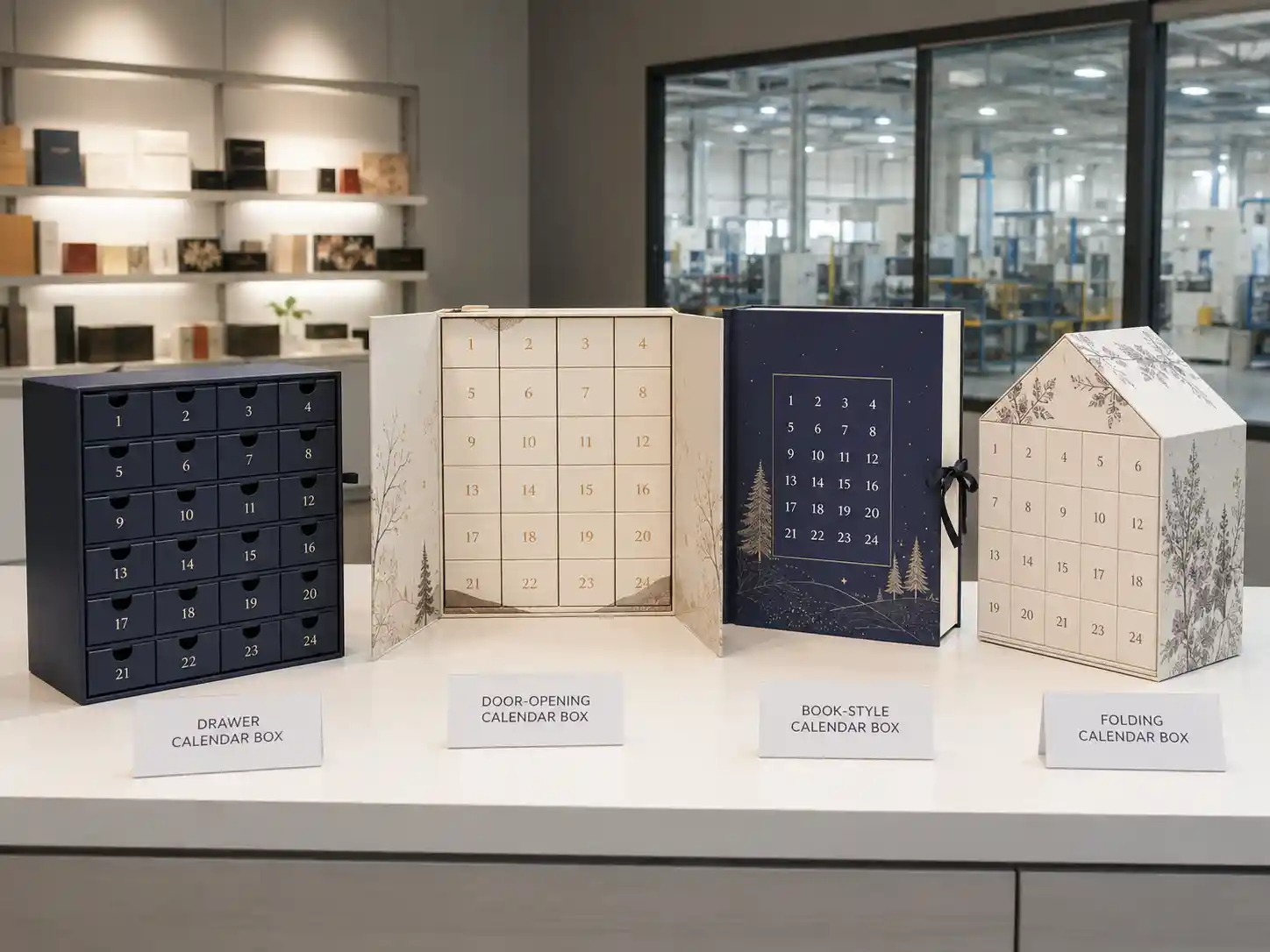 Factory showroom comparison of custom advent calendar box structures for B2B buyers