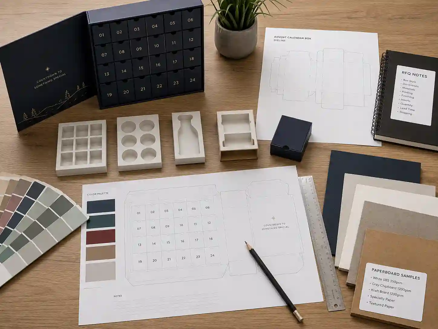 Buyer planning desk with dielines and RFQ notes for advent calendar box manufacturing