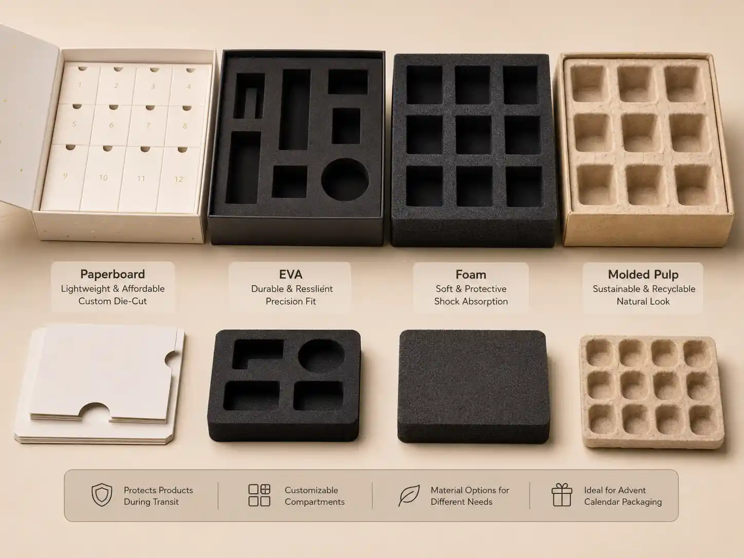 Insert material comparison for book-style advent calendar box customization