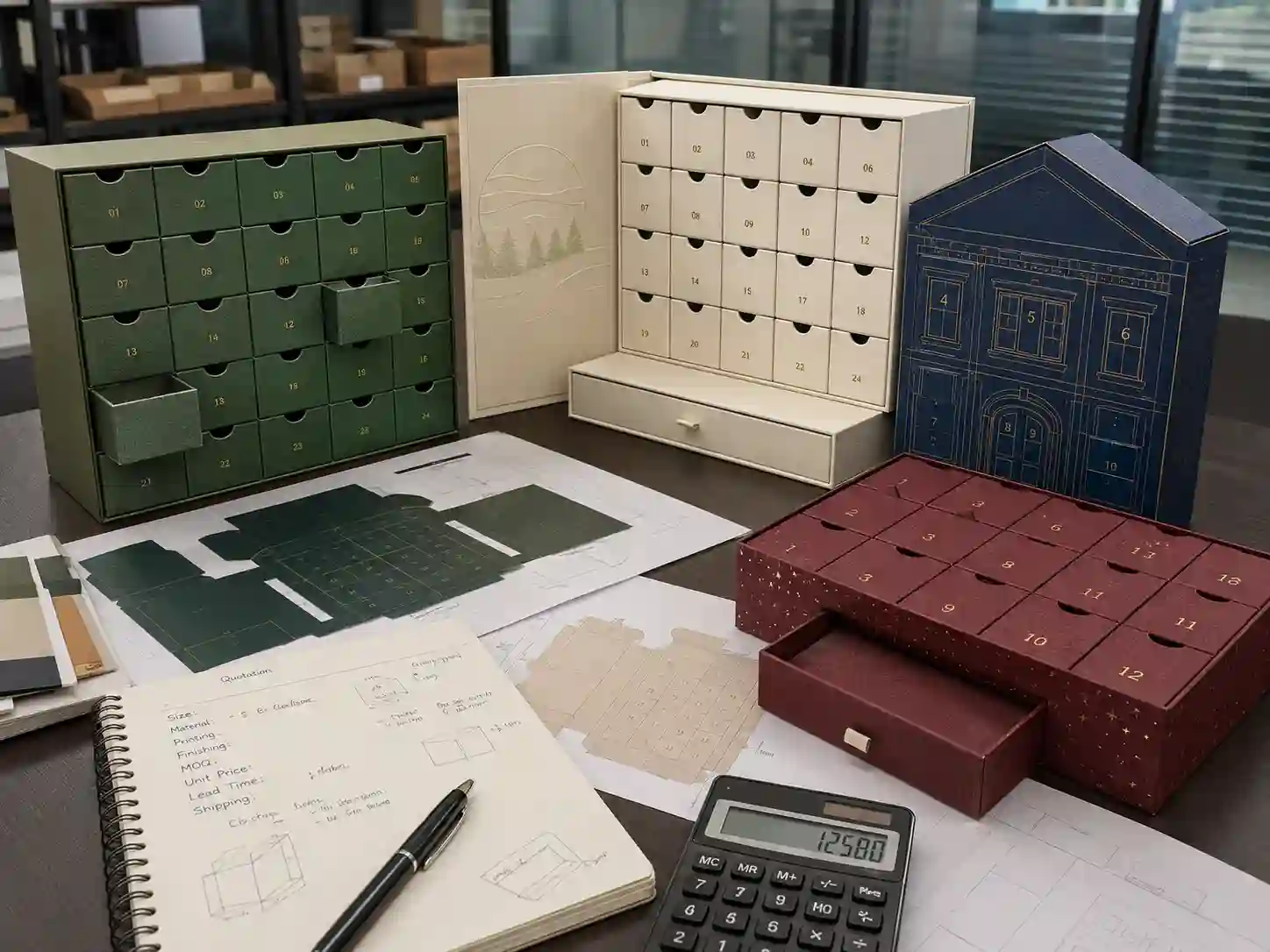 China packaging factory quotation table with compartment advent calendar box samples and cost planning notes