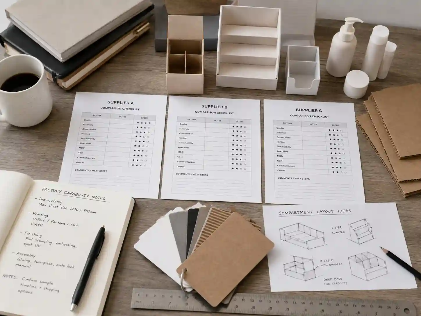 Supplier comparison desk for custom compartment advent calendar box materials and production capability review