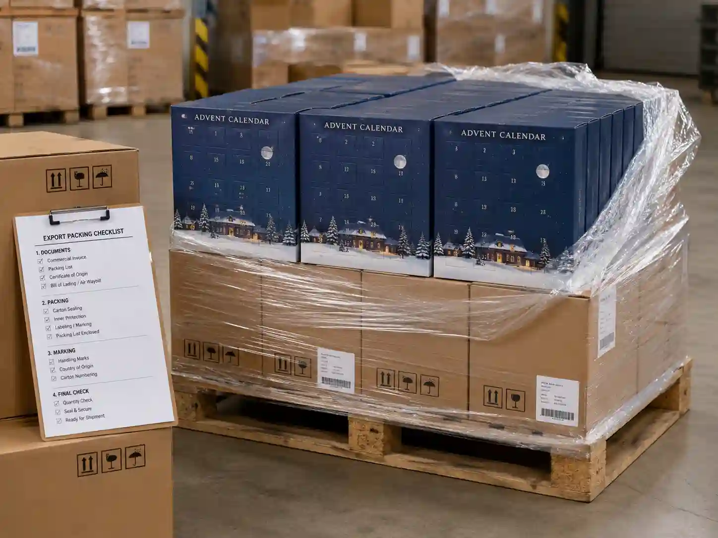 Warehouse pallet preparation for overseas shipment of compartment advent calendar boxes