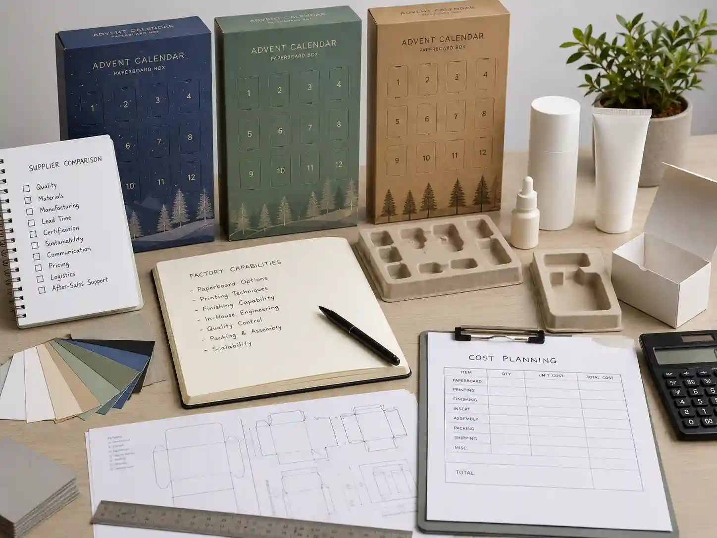 Supplier comparison desk with checklists, factory capability notes, and advent calendar box product dummies