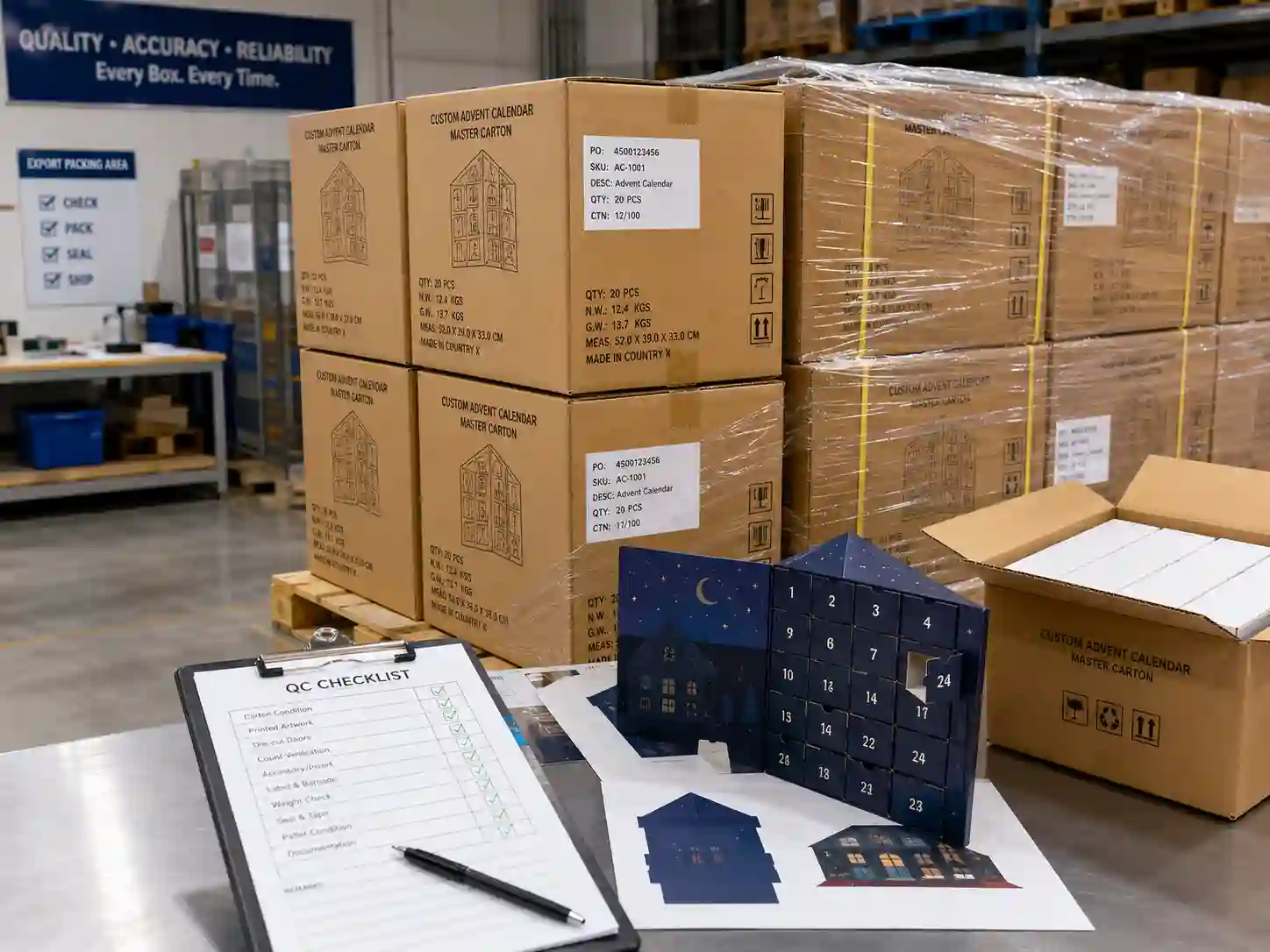 Warehouse pallet preparation scene for overseas shipment of door-opening advent calendar boxes