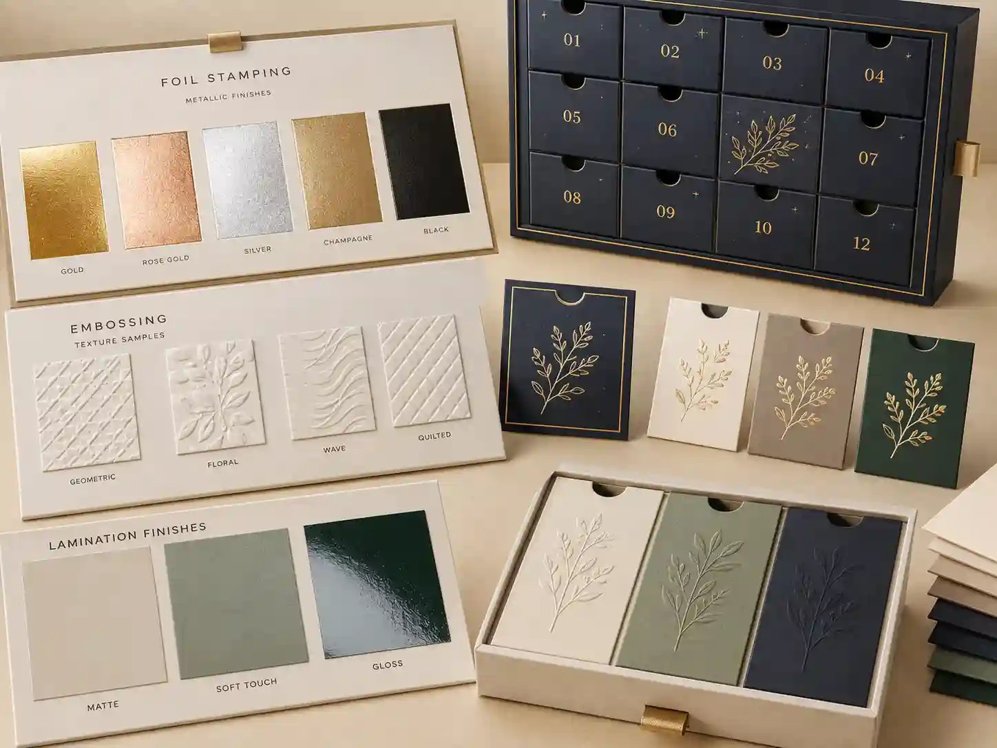 Close-up of foil stamping embossing and lamination samples for drawer advent calendar box customization