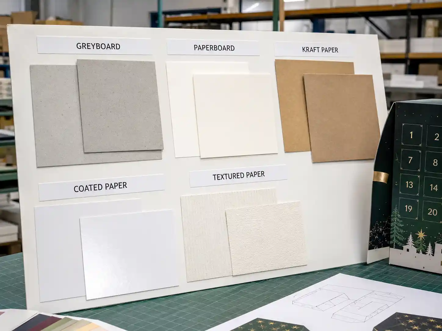 Paper material swatch board for flat pack advent calendar boxes with greyboard, kraft, coated paper, and textured paper.
