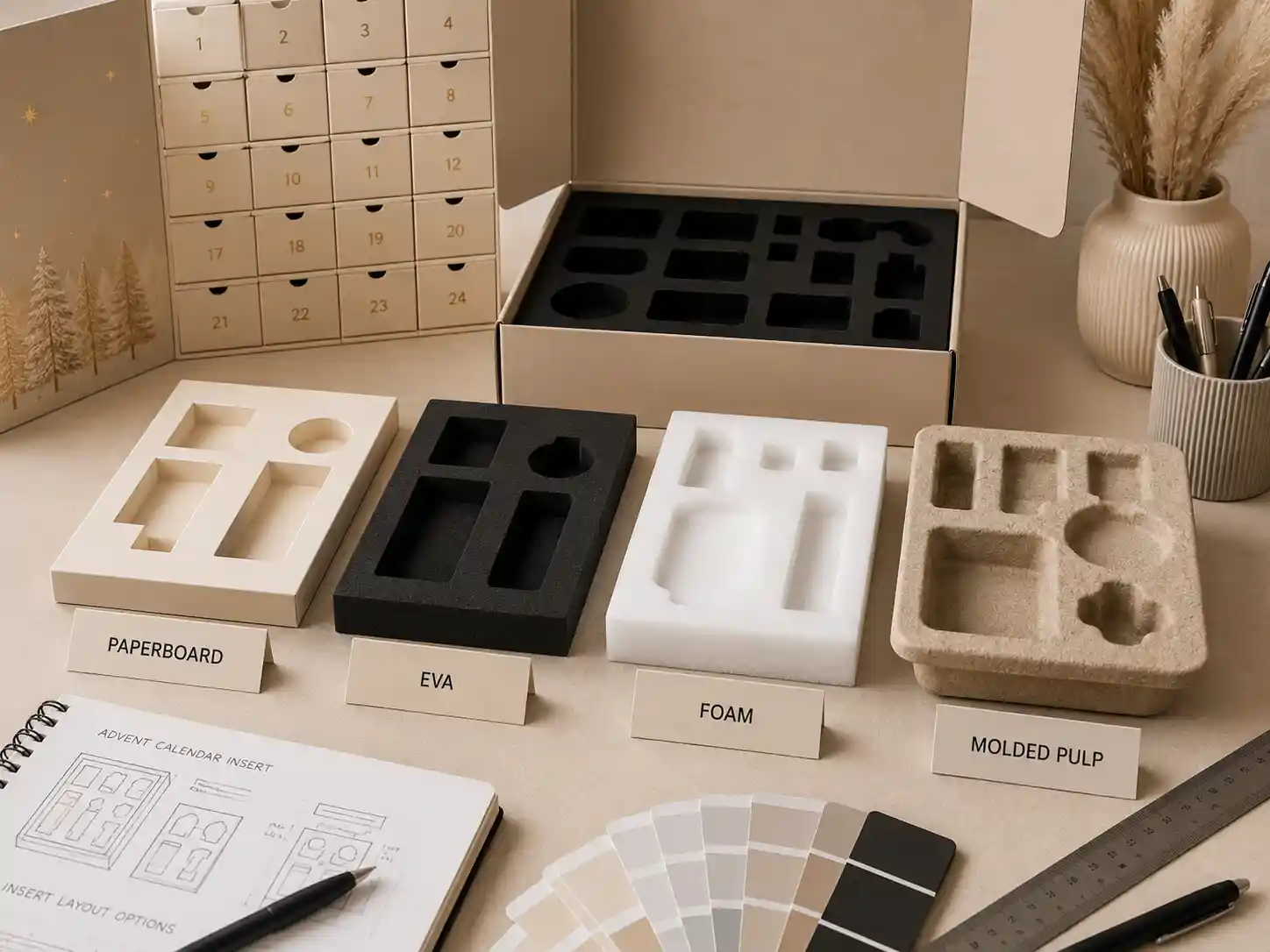 Insert material comparison for custom flat pack advent calendar boxes including paperboard, EVA, foam, and molded pulp.