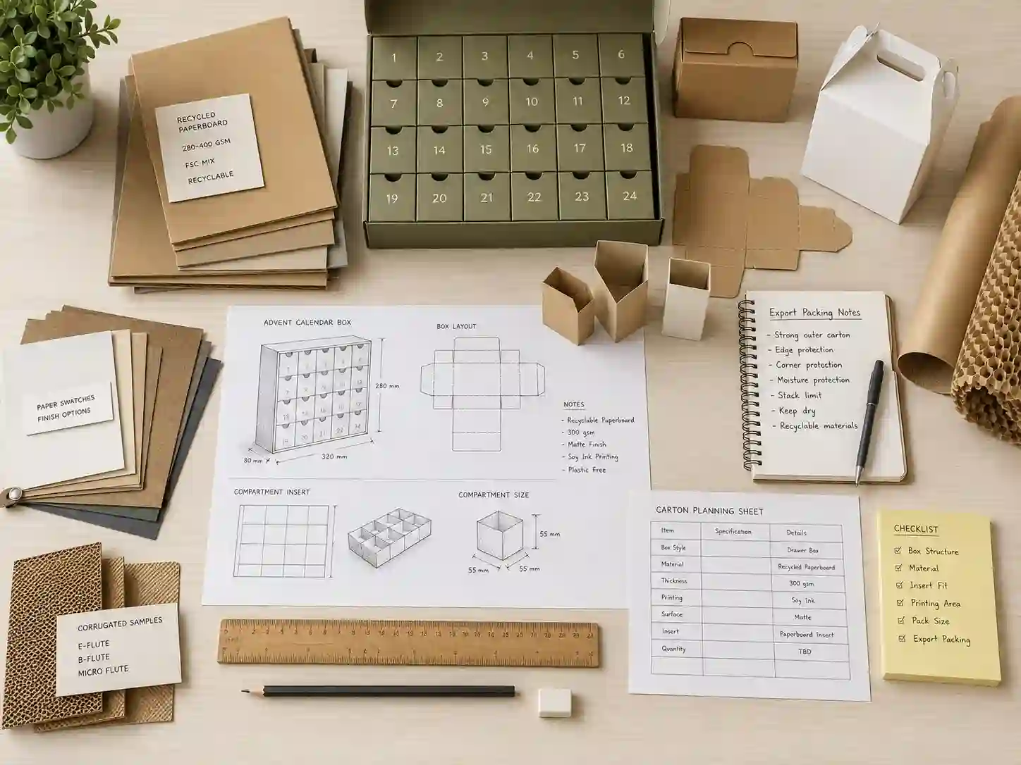 Sustainable export packing planning desk for recyclable flat pack advent calendar boxes.