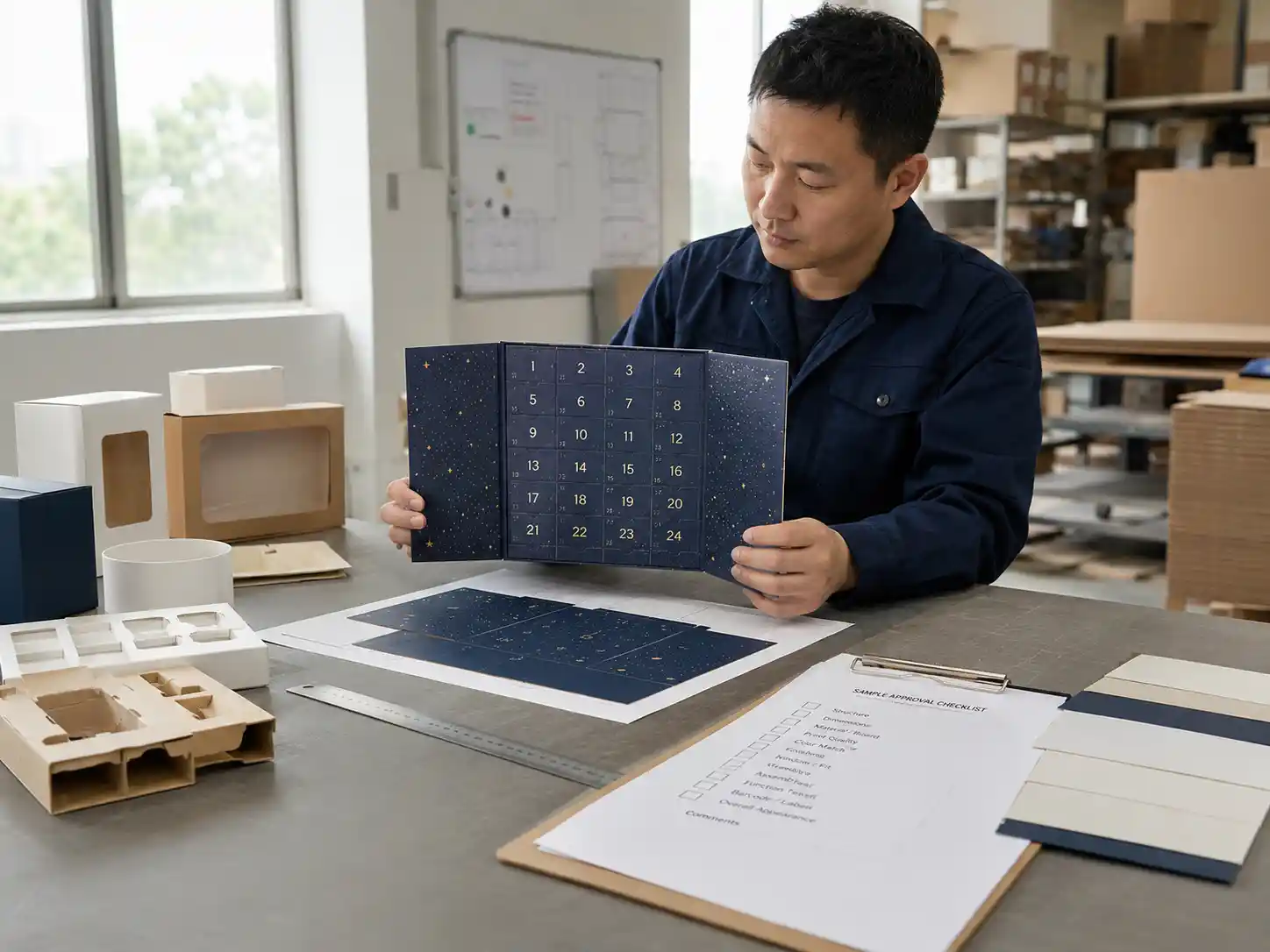 Factory sample review for custom fold-out advent calendar boxes with dielines inserts and checklist