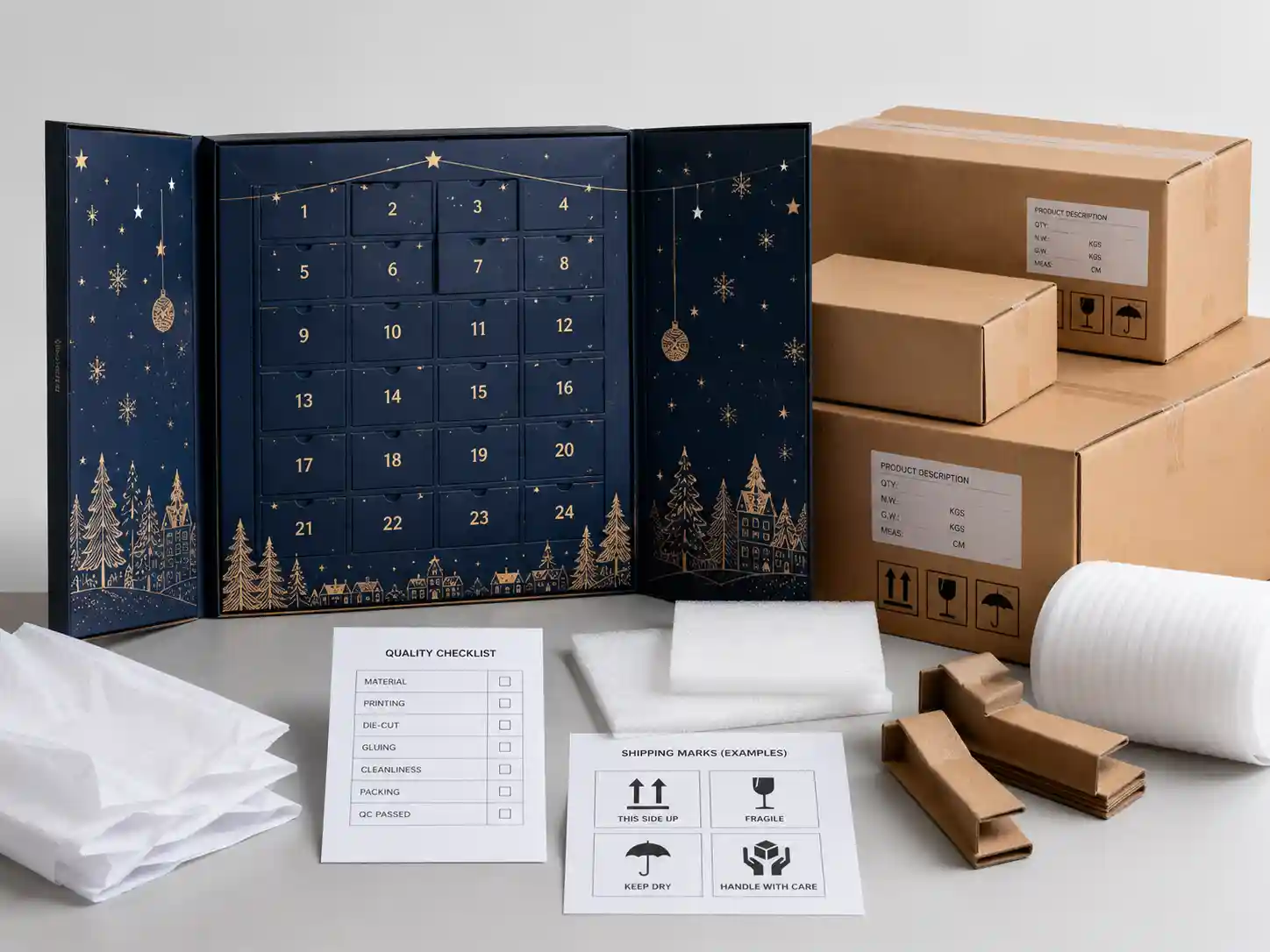 QC and export packing scene for fold-out advent calendar boxes with cartons checklist and shipping marks