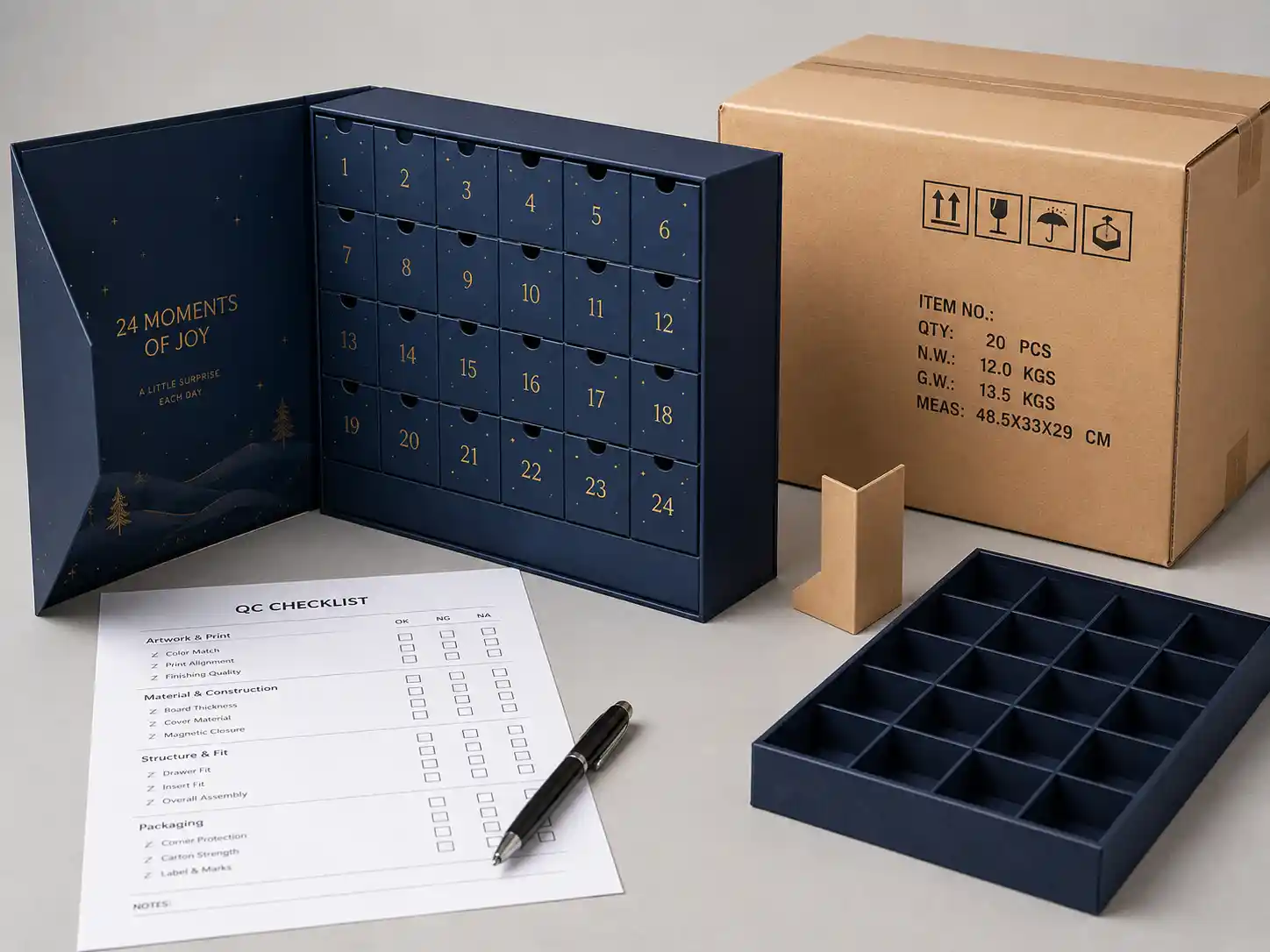 QC and export packing scene for magnetic closure advent calendar boxes