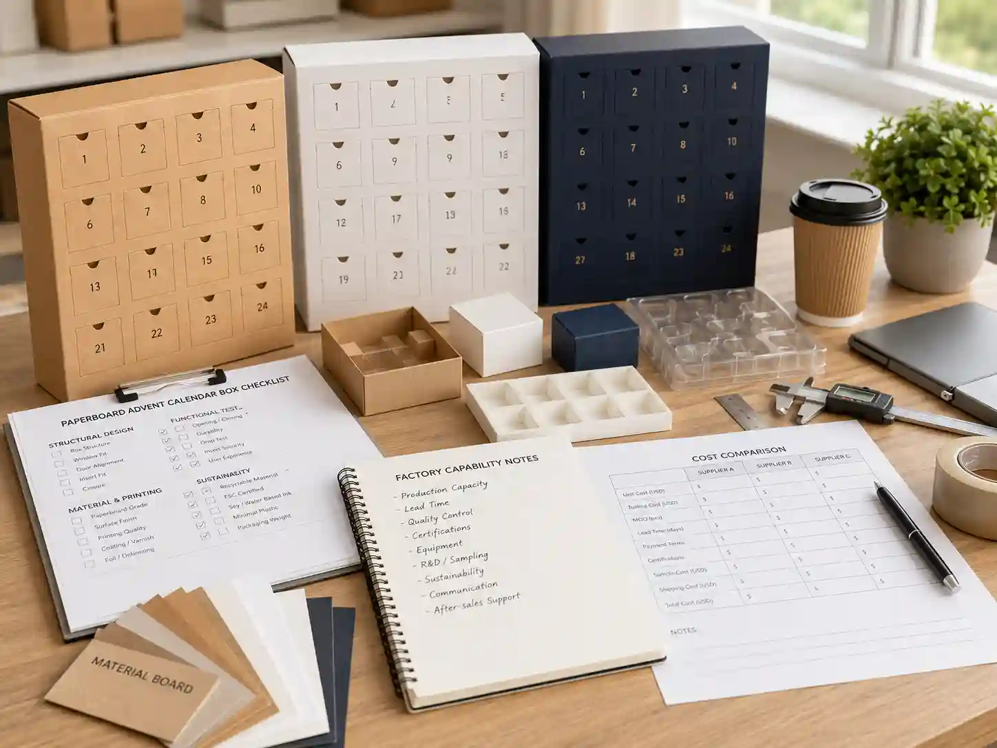 Supplier comparison desk with checklists and product dummies for paperboard advent calendar box customization planning