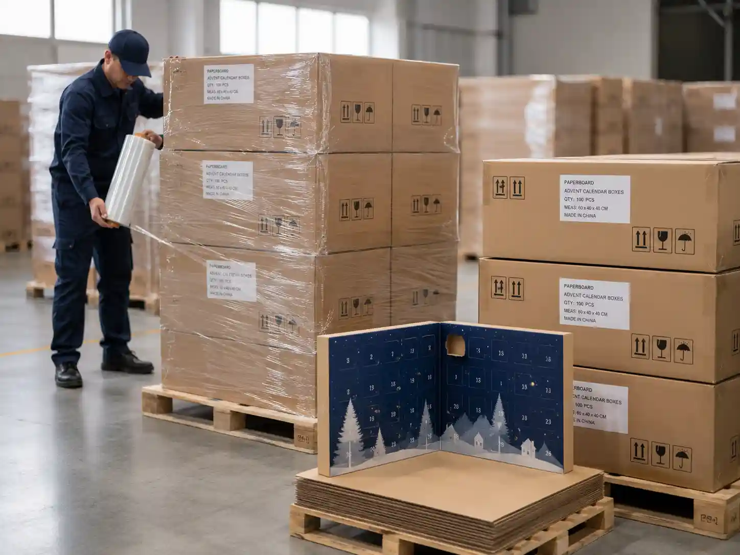 Warehouse pallet preparation for overseas shipment of paperboard advent calendar boxes