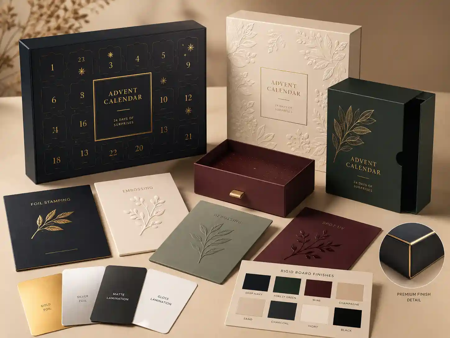Foil stamping embossing and lamination samples for custom rigid advent calendar packaging