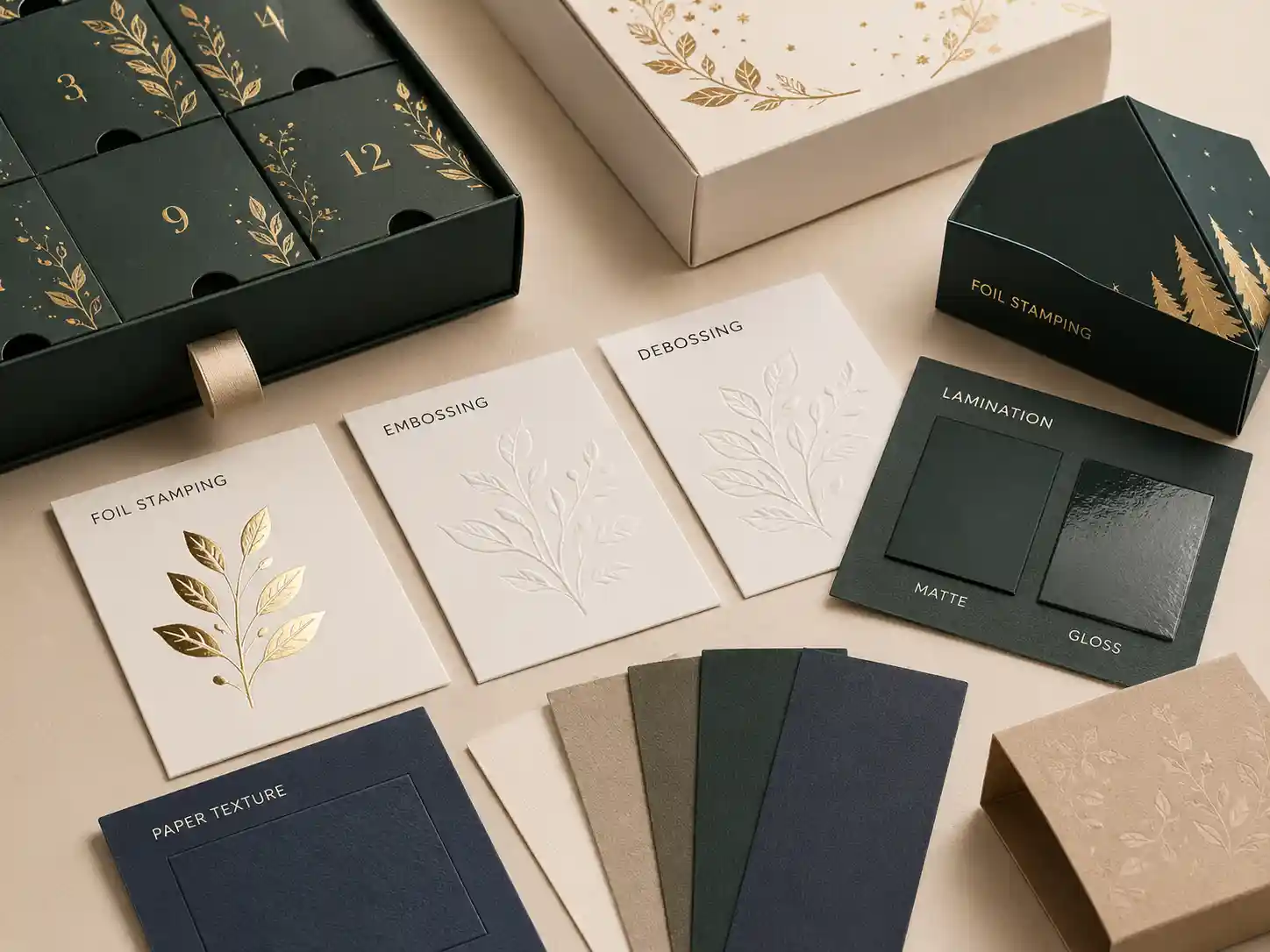 Foil stamping embossing and lamination samples for custom window advent calendar boxes