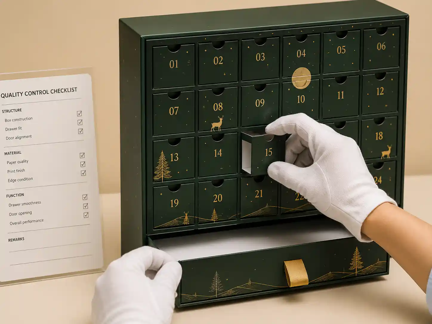 QC inspection of drawer sliding and door opening performance for custom advent calendar boxes