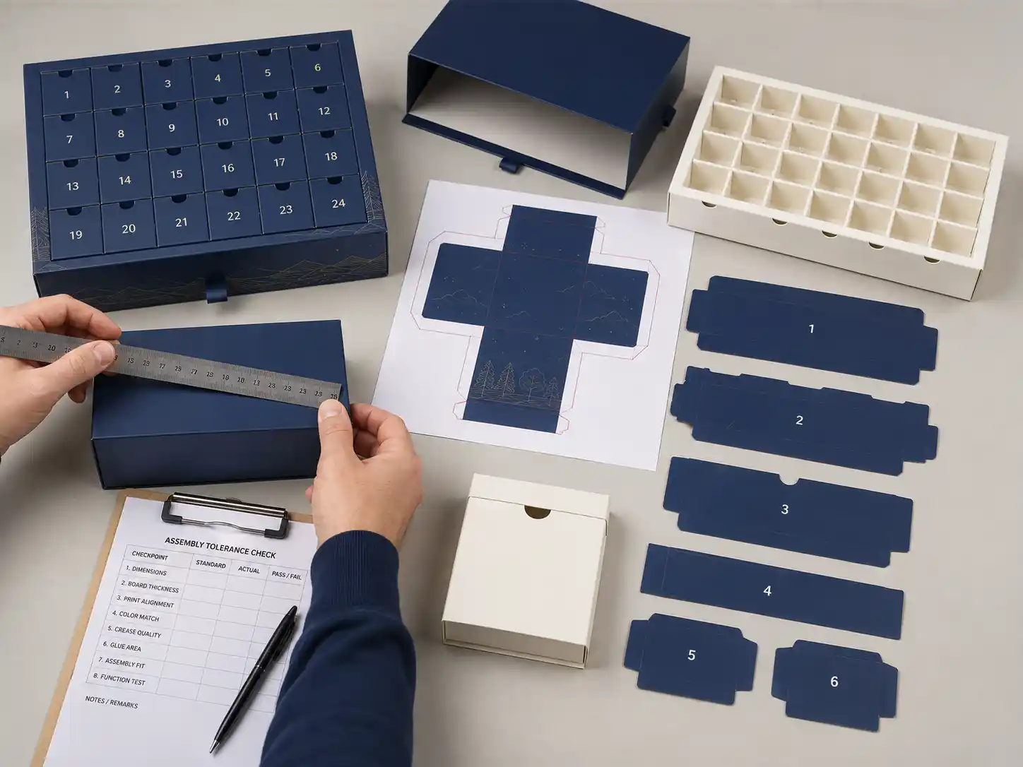 Assembly tolerance planning for custom advent calendar box inserts and product dummies