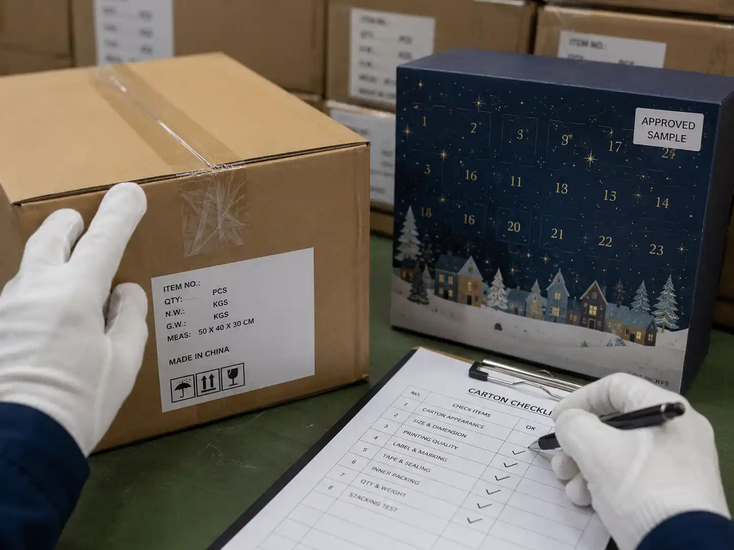 Final pre-shipment inspection of custom advent calendar boxes with sealed cartons and sample reference