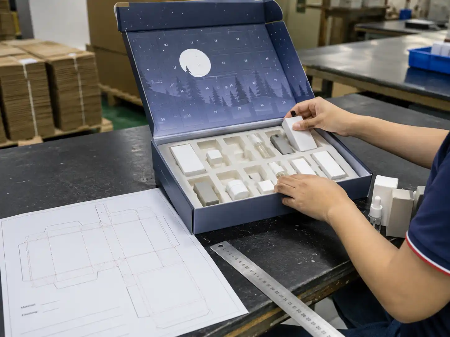 Worker hands checking insert fit during window advent calendar box sample review