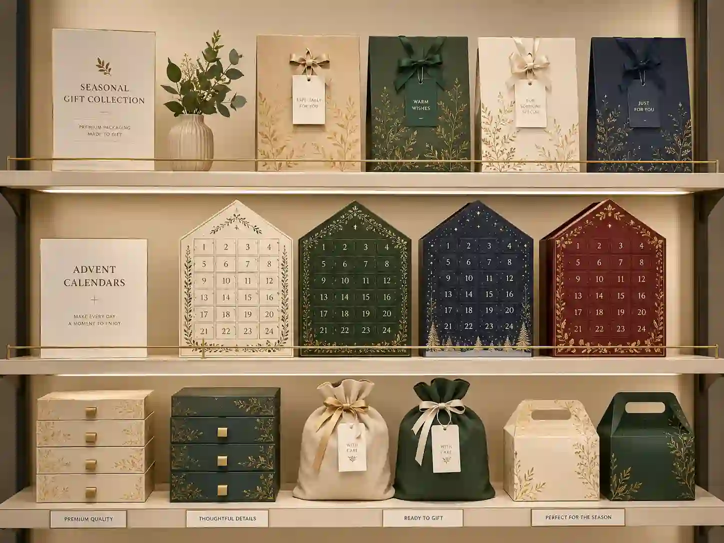 Retail shelf mockup with neutral seasonal window advent calendar boxes