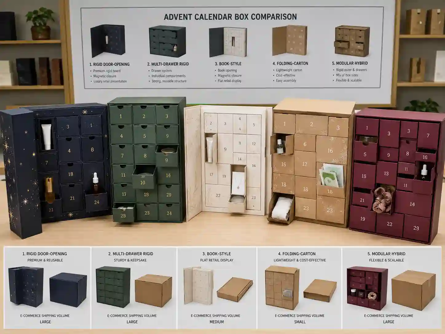 Finished advent calendar box structures compared for retail and e-commerce production planning