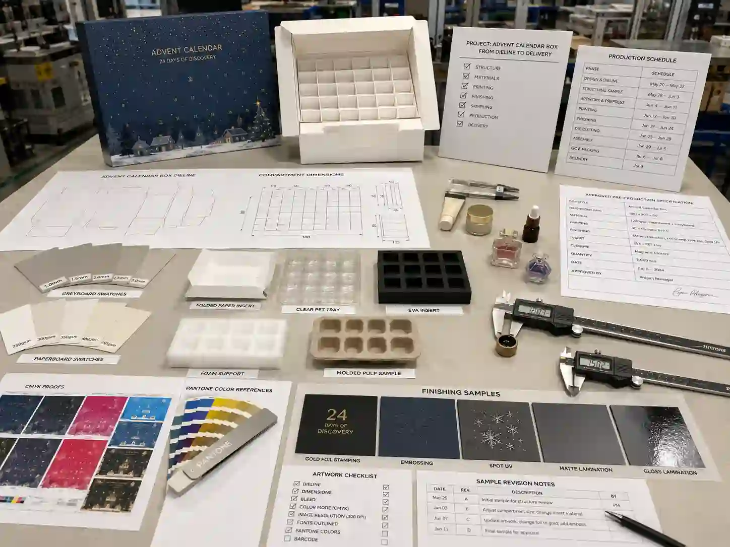 Advent calendar dieline, materials, inserts, artwork proofs, and pre-production sample planning