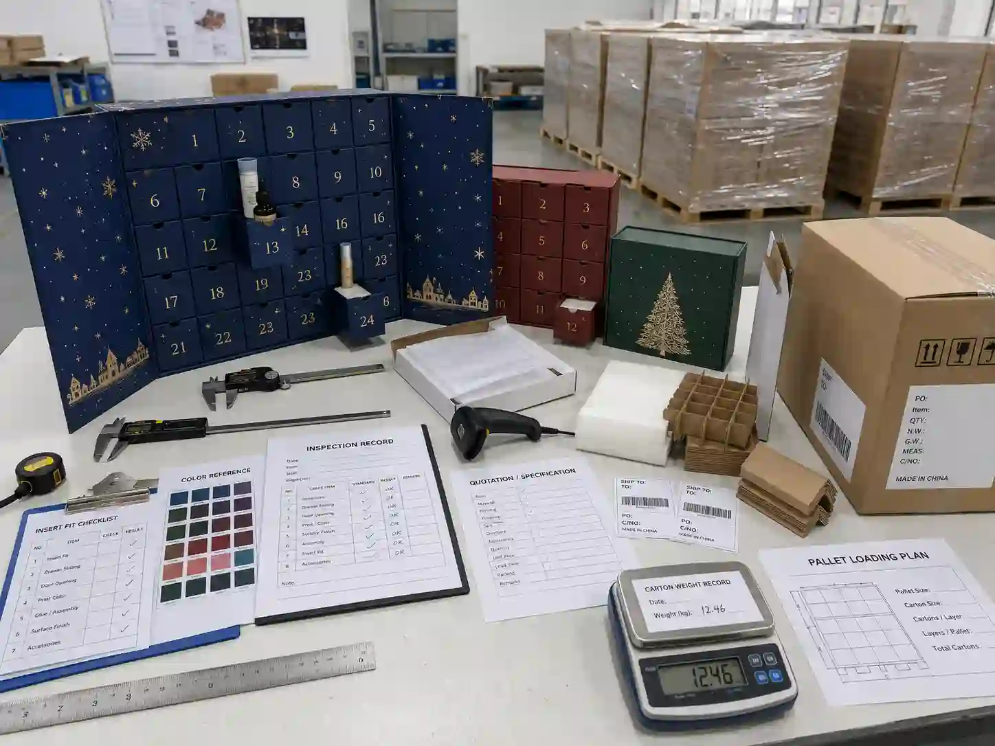 Advent calendar quality inspection, export packing, pallet planning, and quotation preparation