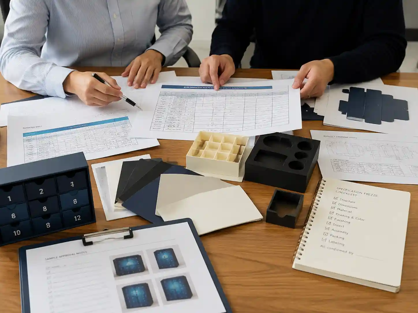 Packaging buyers reviewing advent calendar box specifications, quotation records, samples, and approval documents before purchase order confirmation