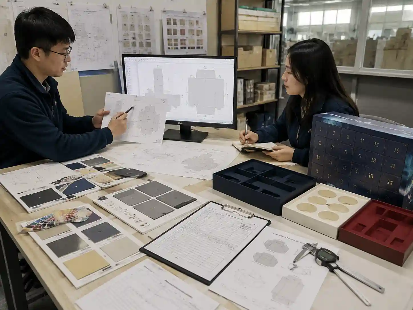 Packaging engineers verifying advent calendar box drawings, materials, measurements, and approved samples before production