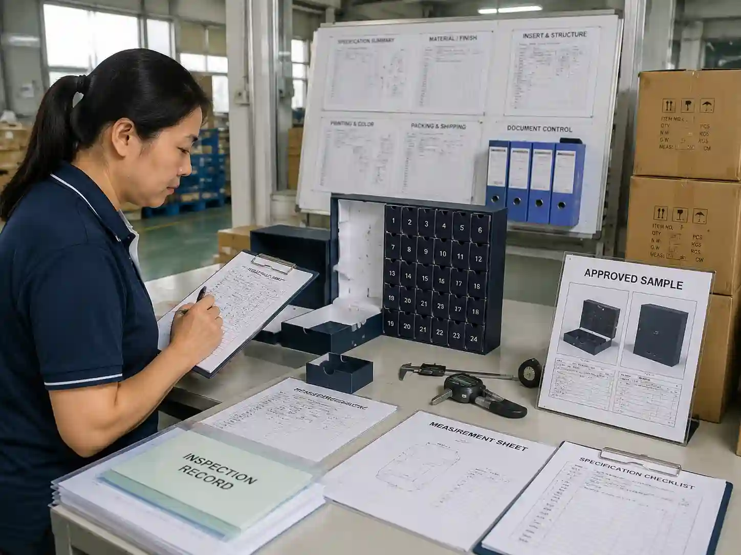 QC staff verifying approved advent calendar box specifications with inspection records, measurements, samples, and supplier documents