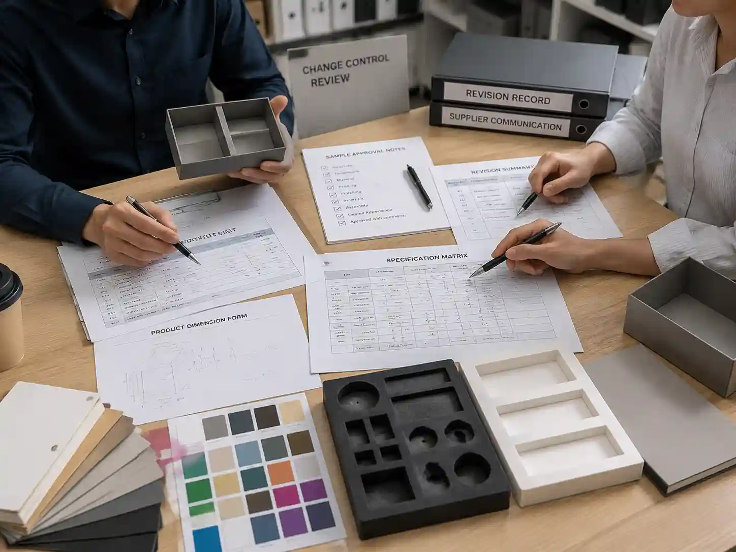 Packaging buyers reviewing change-control documents, specifications, samples, and quotation records after advent calendar box approval