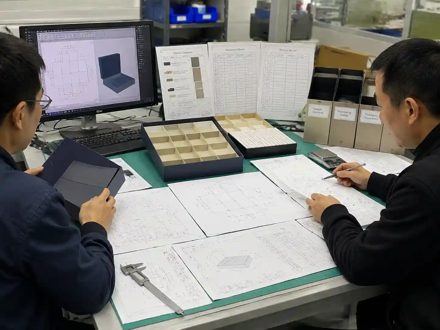 Packaging engineers verifying approved samples, drawings, measurements, and revised specifications before production