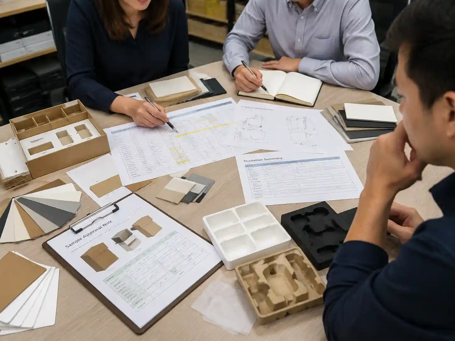 Packaging buyers reviewing material substitution approval documents, samples, and quotation specifications before ordering custom advent calendar boxes.