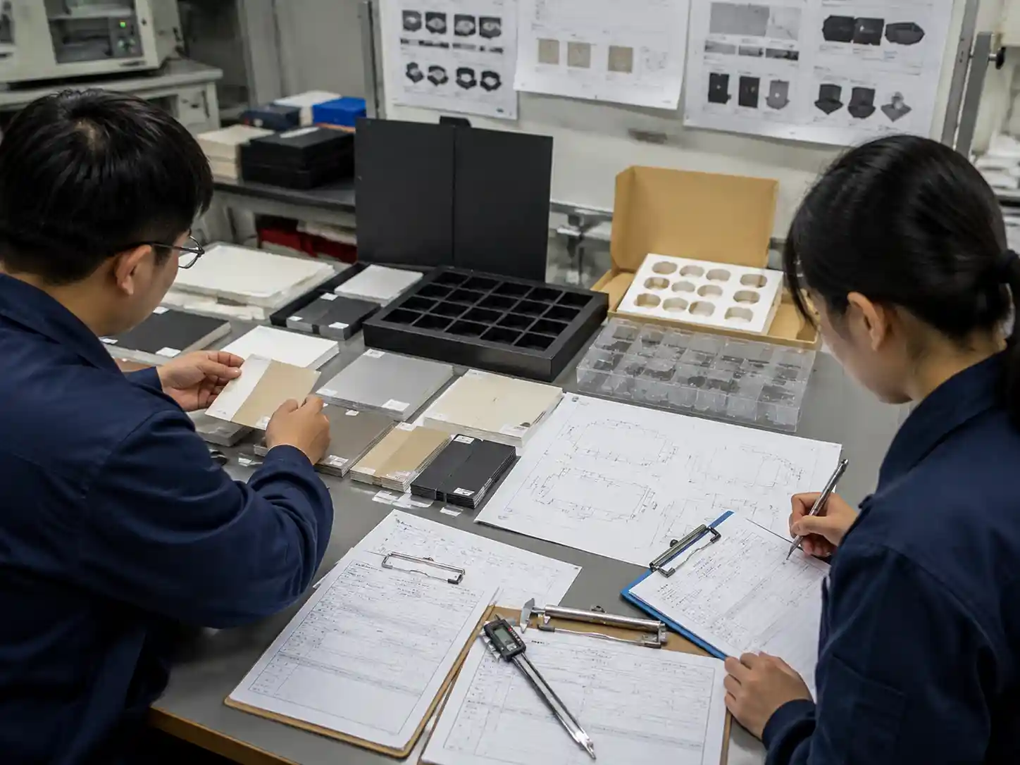 Packaging engineers evaluating alternative materials with samples, drawings, and technical approval records.