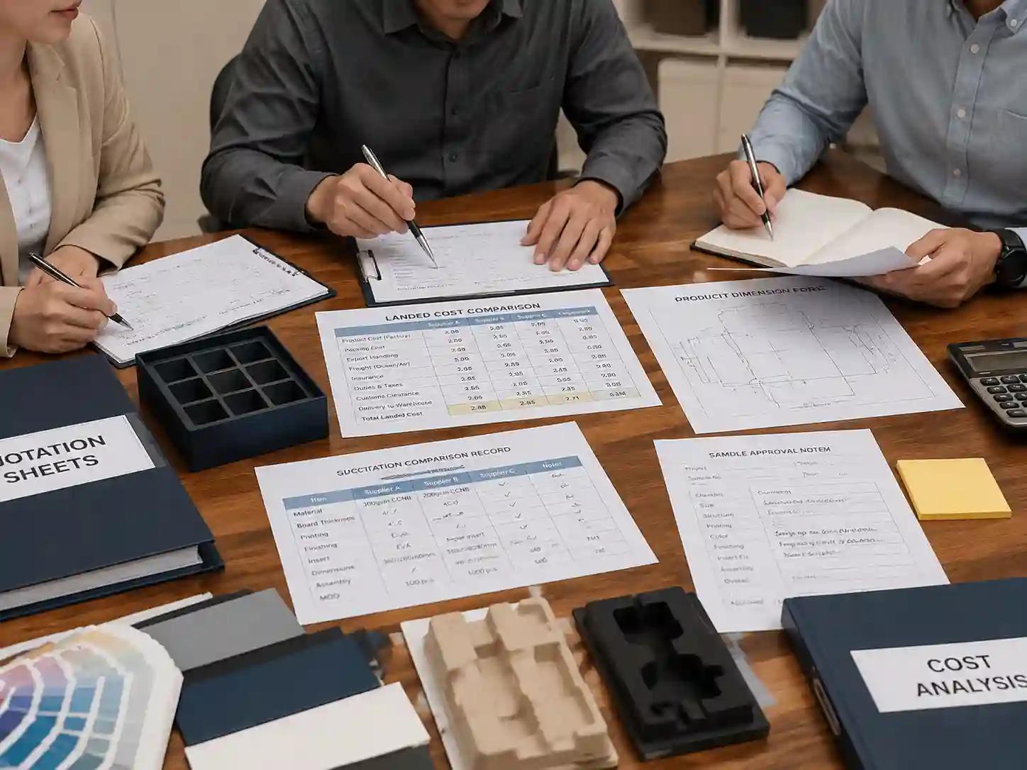 Packaging buyers comparing quotation details, specifications, samples, and cost factors for advent calendar landed cost evaluation.