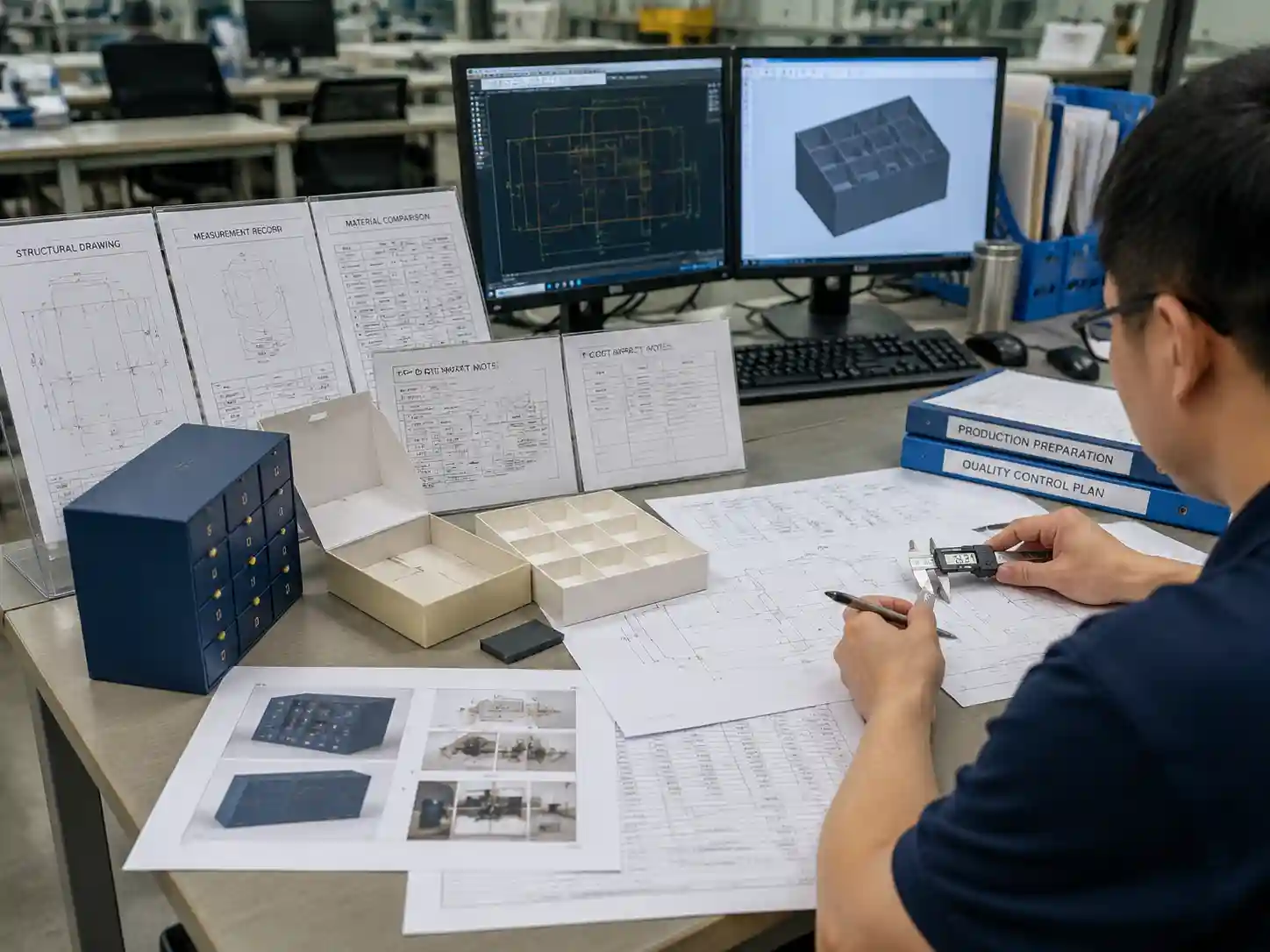 Packaging engineers reviewing specifications and production factors affecting advent calendar landed cost comparison.