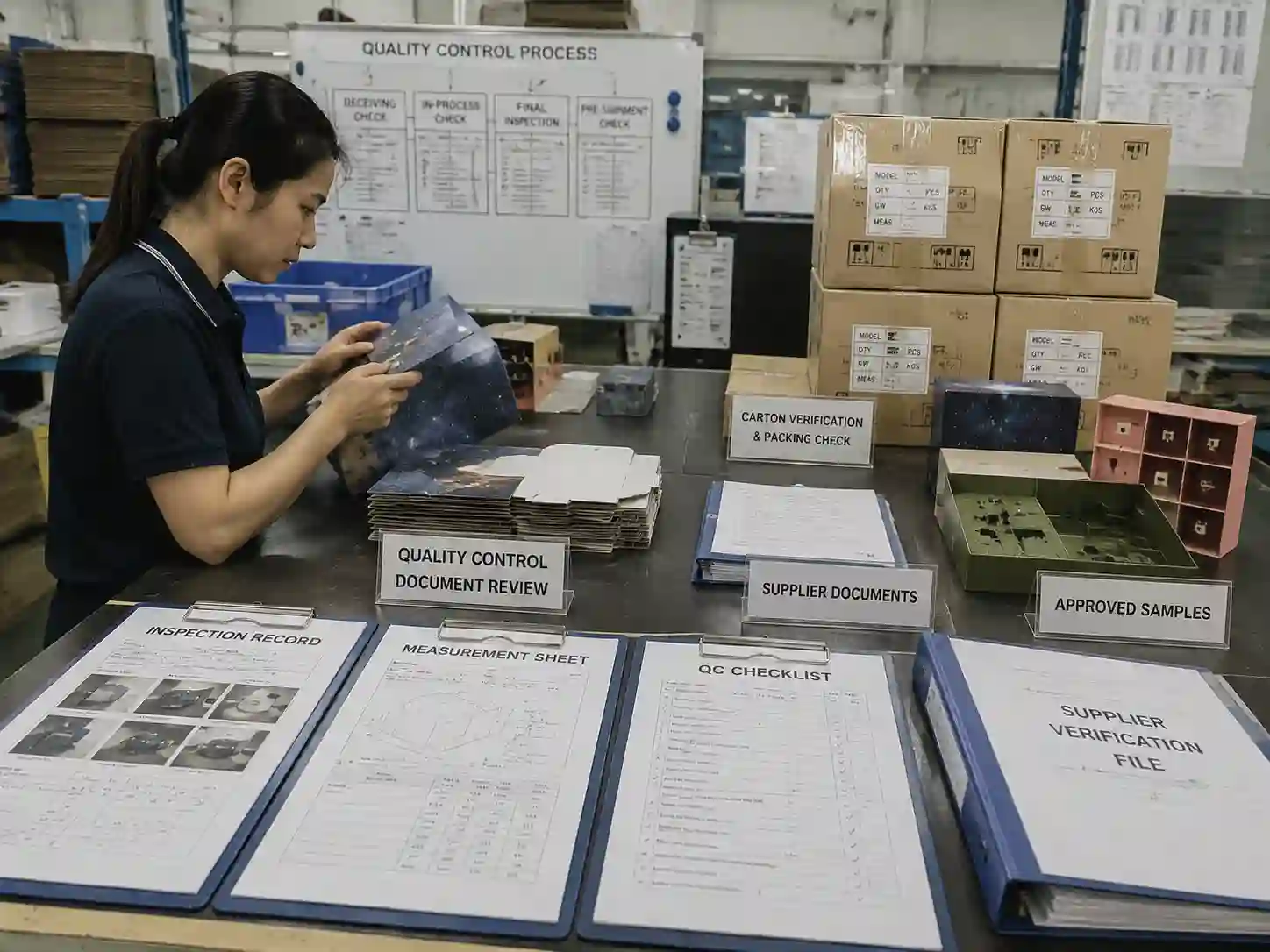 QC staff verifying packaging records, measurements, samples, and supplier documents for landed cost comparison.