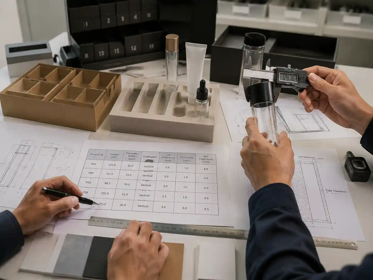 Packaging engineers measuring tall product lid clearance with product samples, cavity drawings, and insert prototypes.