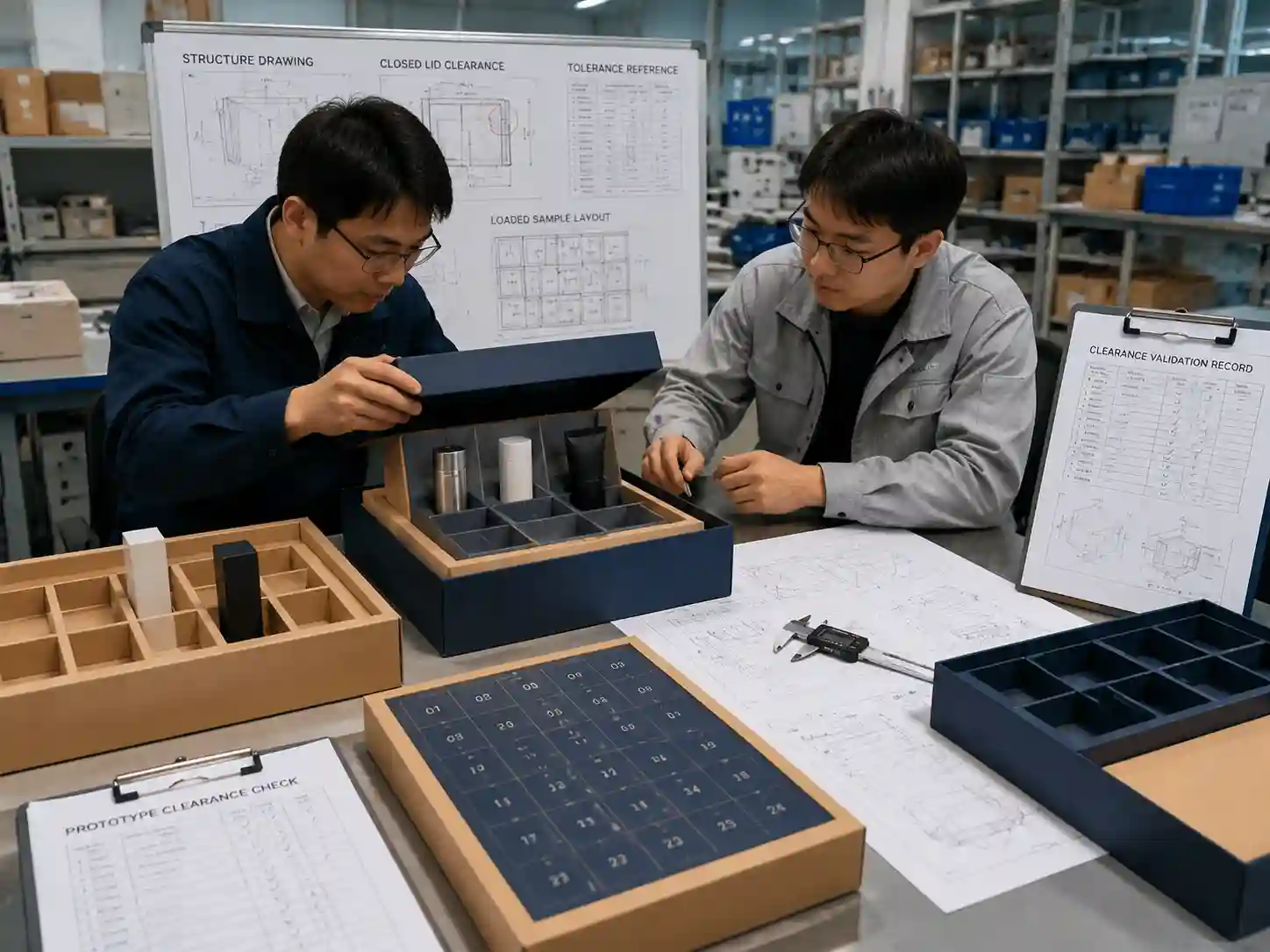 Engineers validating tall product clearance with loaded advent calendar samples and prototype inserts.