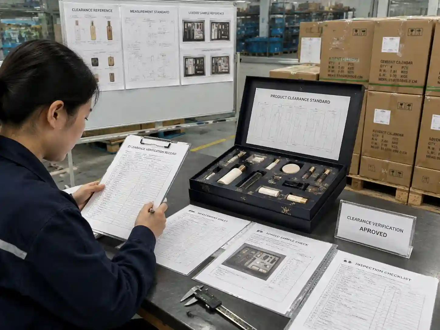 QC staff verifying tall product lid clearance records, measurements, and approved packaging samples.