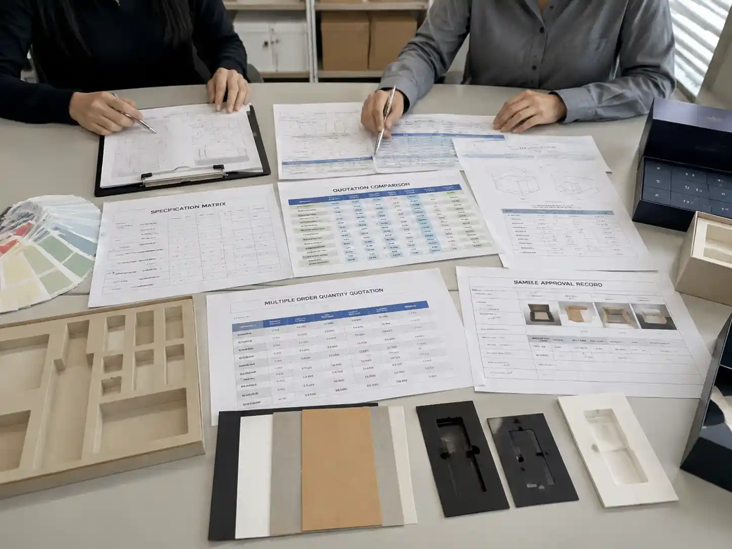Packaging buyers reviewing advent calendar quantity break pricing documents and supplier quotation comparisons
